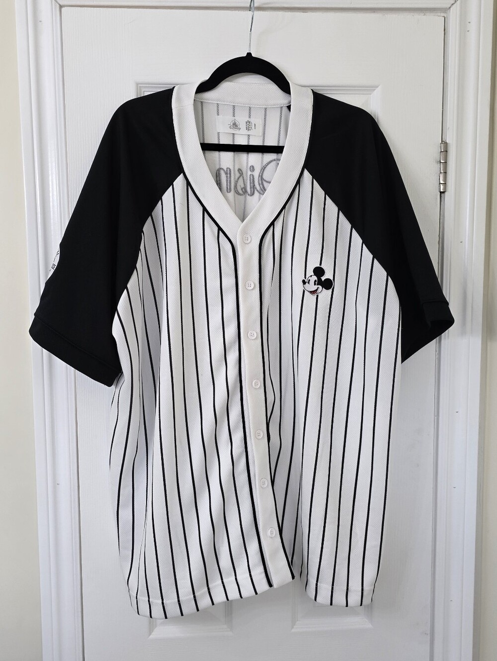 Men's Black & White  DISNEY Pinstripe Baseball Shirt with Mickey - Picture 4 of 11